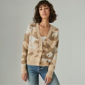 Lucky Brand Wool Blend Beige Camo Button Cardigan Sweater Size Large